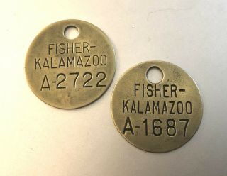 2 Automotive Tool Check Brass Tags: Fisher Body Kalamazoo Mi (gm Body Div)