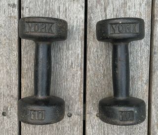 Vintage York 10lb Roundhead Dumbbell Weight Pair Set Usa