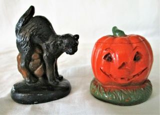 (2) Vintage Halloween Plaster/chalkware Black Cat & Jack - O - Lantern Figurines