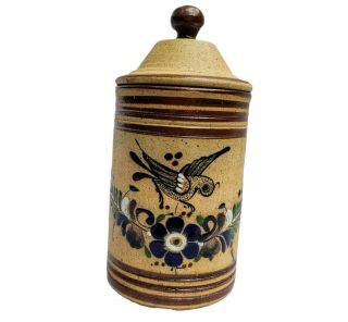 Tonala Mexican Folk Art Stoneware Pottery 8 " Jar With Lid Hand Painted Bird.