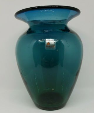 Blenko Vintage Hand Blown Blue To Green Ombre Art Glass Vase,  Signed
