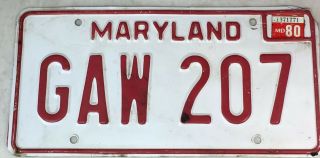 Maryland State License Plate Red/white Gaw - 207,  1980 Sticker Date