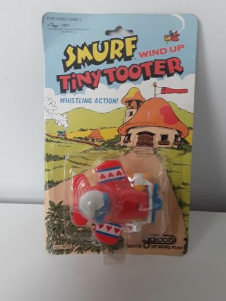 Vintage 1982 - Galoob - Wind Up Smurf Tiny Tootoer Plane With Whisting Action -