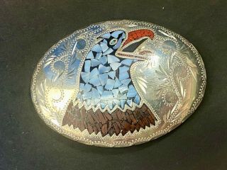 Vintage Inlaid Western Turquoise & Coral American Eagle Hand Crafted Belt Buckle