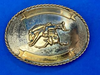 Vintage German Silver Western belt buckle,  rodeo cowboy on wild horse 2