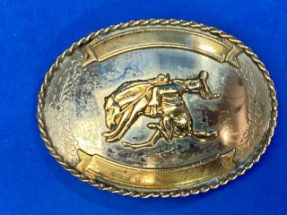 Vintage German Silver Western belt buckle,  rodeo cowboy on wild horse 3