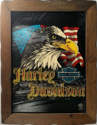 Vintage 1986 Harley Davidson Motorcycles Club Eagle Usa Flag Glass Art Picture