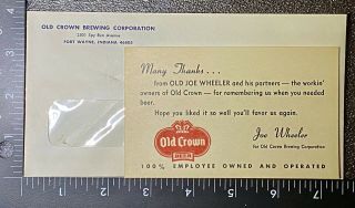 Thank You Card & Envelope￼ From The Old Crown Brewing Corp,  Ft.  Wayne In.  Rare