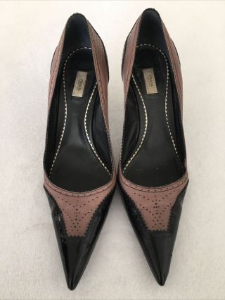 Vintage Prada Heels Pumps Taupe Black Leather Pointed Toe Career Evening Sz 39 - 9