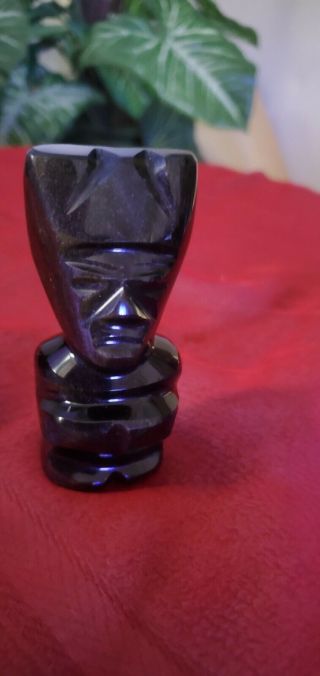 Vintage Black Carved Obsidian Stone Aztec Mayan Face Statue Figurines Small 3 "