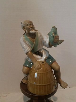 Vintage Shiwan Mudman Chinese Pottery Figurine Statue Man With Fish And Basket