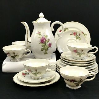 Vintage " Moss Rose " Tea Set,  18 - Pc Trios: Teapot,  Cups Teacup Saucers Japan 39/8