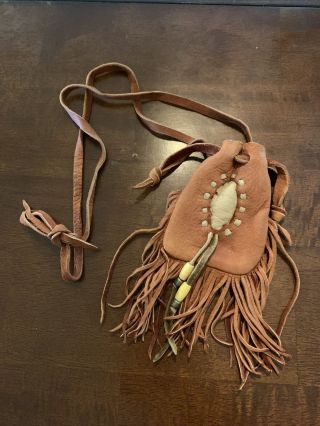 Authentic Native American Medicine Bag Necklace Leather Possibles Pouch Bone