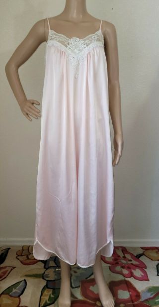 Vtg Christian Dior Pink Size M Long Nightgown Gown Satin Lace