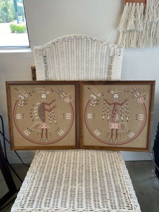 Pair Navajo Native American Sand Art Paintings By Lester Johnson Signed On Back2
