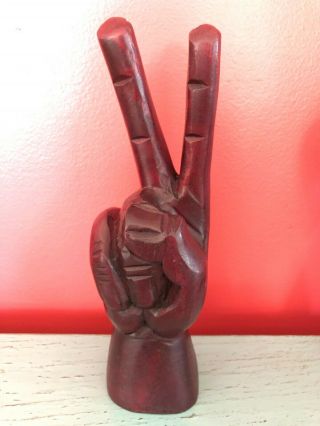 Vintage Carved Wood Hand Peace Sign Fingers Hippy 70 
