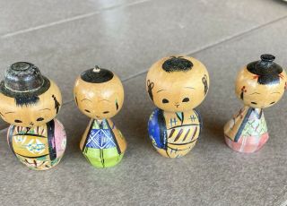 4 Vintage Wooden Japanese Kokeshi Bobblehead Dolls