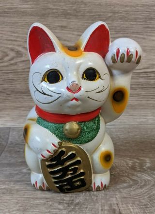 Vintage Japanese 8 " Tall Welcome Lucky Maneki Neko Cat Figurine/ Coin Bank