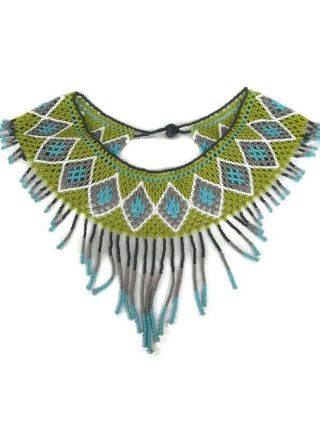 Mexican Huichol Handmade Beaded Big Necklace Chaquira Boho Jewelry Green Blue