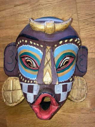 Vintage Carved Wooden Hand Painted African Mask Art Purple Colorful Monkey Face