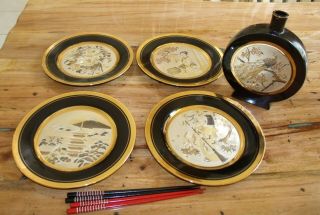 Set Of Chokin Art By Naohisa Hori Set Of 4 Plates With Vase And Chopsticks