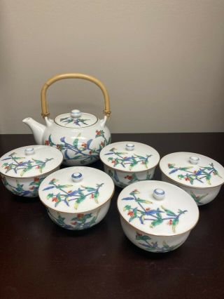 Japanese Arita Porcelain Hand Painted 5 Tea Cups/ Pot Set Made By Kiyohide