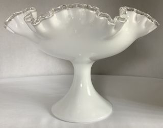 Vtg.  Fenton Milk Glass Compote/pedestal Fruit Bowl W/clear Ruffled Rim - 11”x 8”