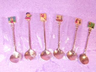 Vintage Korean Gold Plated Enamel Mini Souvenir Spoon Set Of 6 Korea