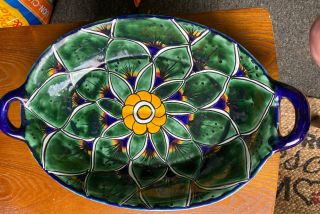 Mexican Talavera Pottery Platter Plate Large Oval Serving Dish Folk Art 15” Blue