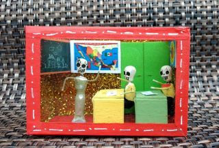 Teacher In Classroom Mexican Day Of The Dead Shadow Box Diorama Folk Art