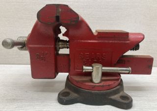 Vintage Sears 3 - 1/2  Jaw Swivel Anvil Bench Pipe Vise Cast Iron Vice 5178 Red.