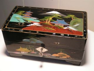 Vintage Black Lacquer Painted & Musical Jewelry Box With Key Japan