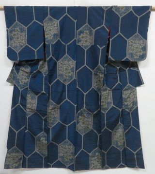 0412n03z670 Vintage Japanese Kimono Silk Tsumugi Dark Blue - Gray Kikko