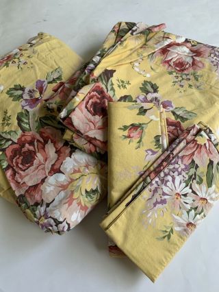 Vintage Ralph Lauren Queen Sheet Set Floral Flat Fitted Yellow Cottage Roses