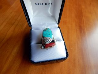 Vtg Native American Navajo Sterling Silver Turquoise Coral Ring L Latero Size 6