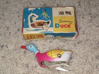 Vintage Swimming Duck Tin Toy Clockwork Ms 042 China Us