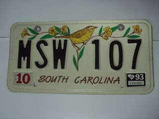 Vintage South Carolina License Plate.  Wildlife Bird October 1993 Msw 107 Retired