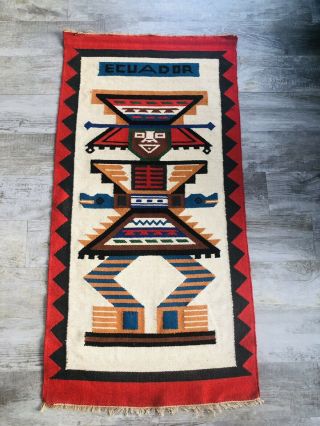Vintage Ecuador Tribal Native South American Woven Wool Rug Wall Hanging 24x48”