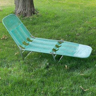 Vintage Tri - Fold Outdoor Vinyl Tube Chaise Lounge Lawn Chair - Turquoise & Clear 2