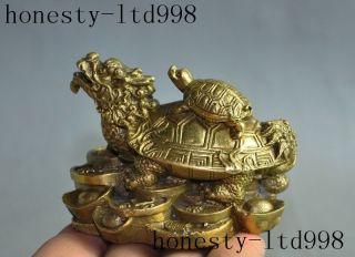 Chinese Fengshui Brass Dragon Tortoise Turtle Yuanbao Wealth Money Coin Statue