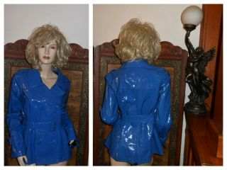Vtg M Shiny Blue Pvc Vinyl Raincoat Rain Jacket Slicker Pvc Patent Trench Coat