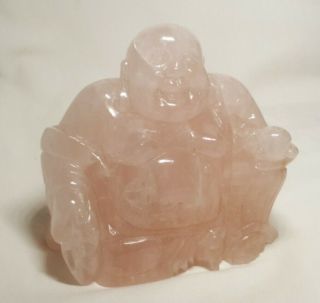 Antique Vintage Chinese Carved Rose Quartz Crystal Laughing Seated Buddha Figure