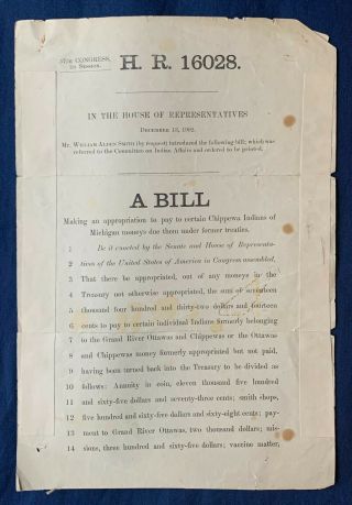 1902 Us House Of Rep Bill Michigan Ottawa & Chippewa Indian Treaty Payments
