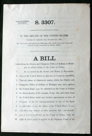 1919 Us Senate Bill Michigan Ottawa & Chippewa Indian Claims For Payments