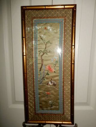 Vintage Asian Oriental Gold Faux Bamboo Framed Silk Embroidered Birds & Flowers