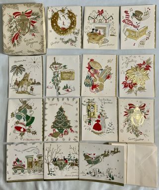 Vintage Box Of 14 Unique Gold Foil Embossed Christmas Cards W.  Envelopes