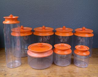 Vintage Tupperware Clear Canister Orange Push Button Lids Set Of 8 - Issues