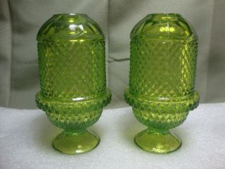 Pair Vintage Viking Glass Green Diamond Point Fairy Lamp