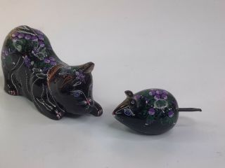 Mexican Mache Folk Art Hand Painted Pottery Cat And Mouse Signed “ghost - 2000”