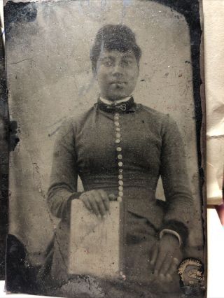 Antique Black Americana tin type photo woman 2x3” 2